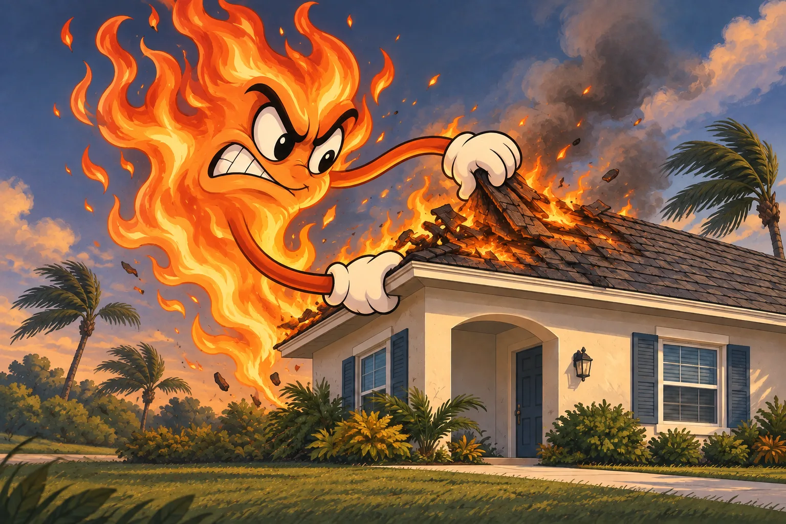 Cartoon illustration of fire & heat damage to a Florida roof
