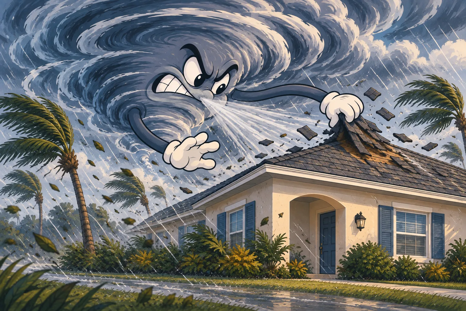 Cartoon hurricane lifting shingles from a Florida home