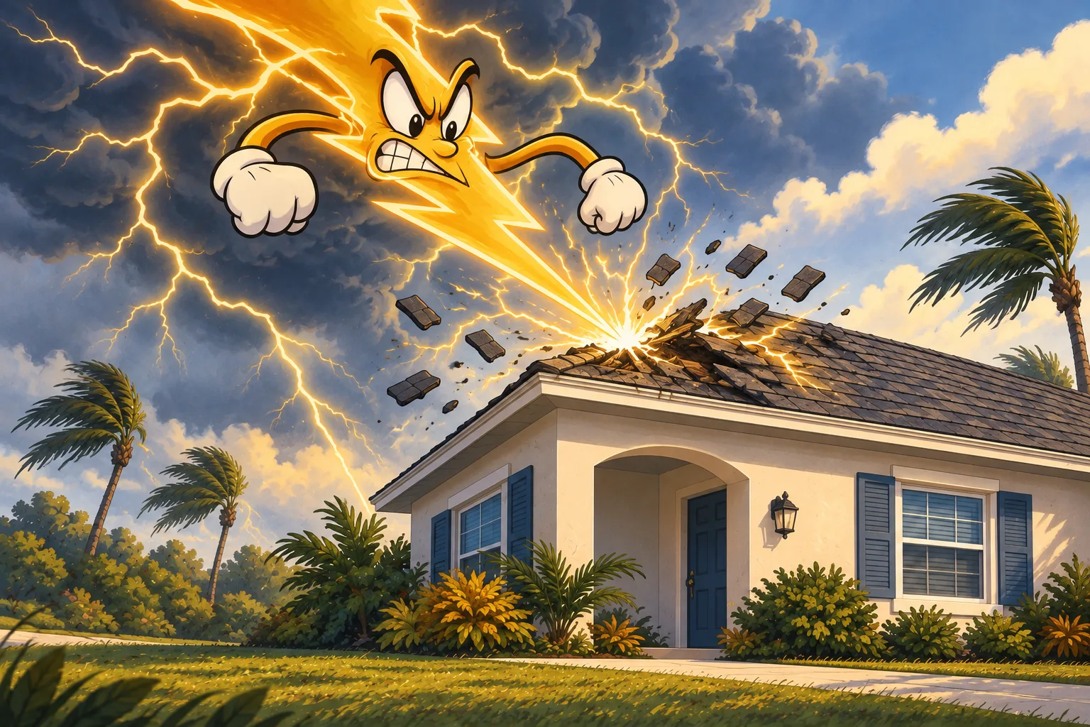 Cartoon illustration of lightning damage to a Florida roof