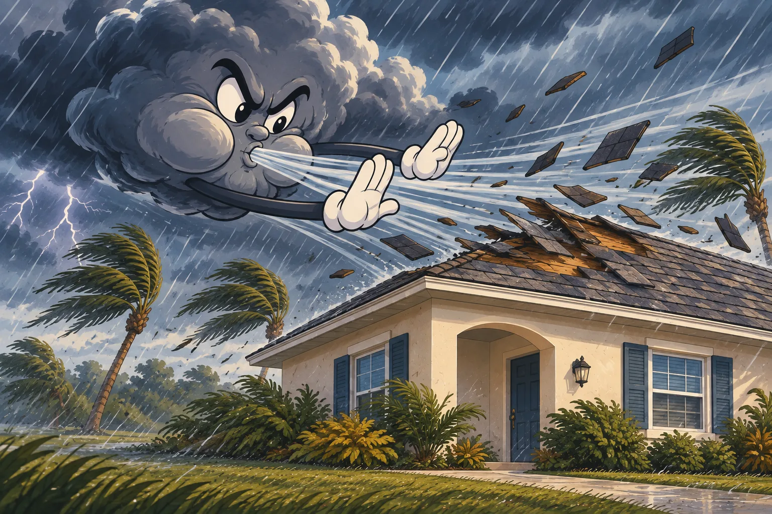 Cartoon illustration of thunderstorm & straight-line wind damage to a Florida roof